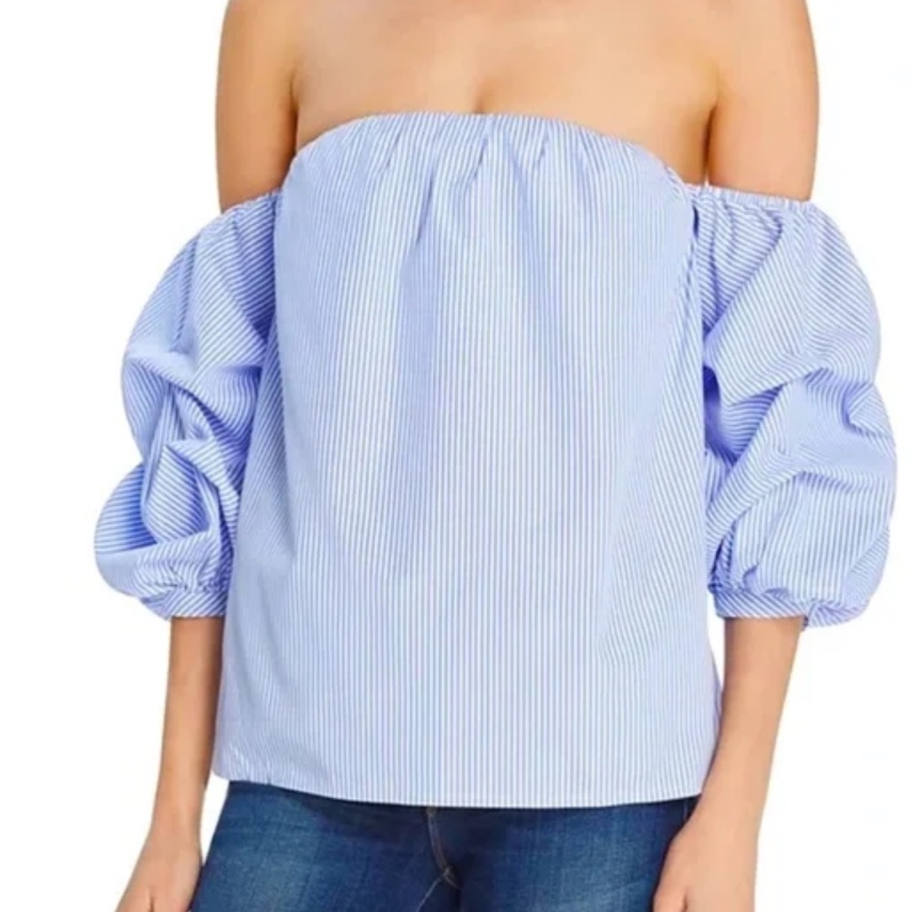 AQUA Bubble Sleeve Blue & White Striped Top (S)